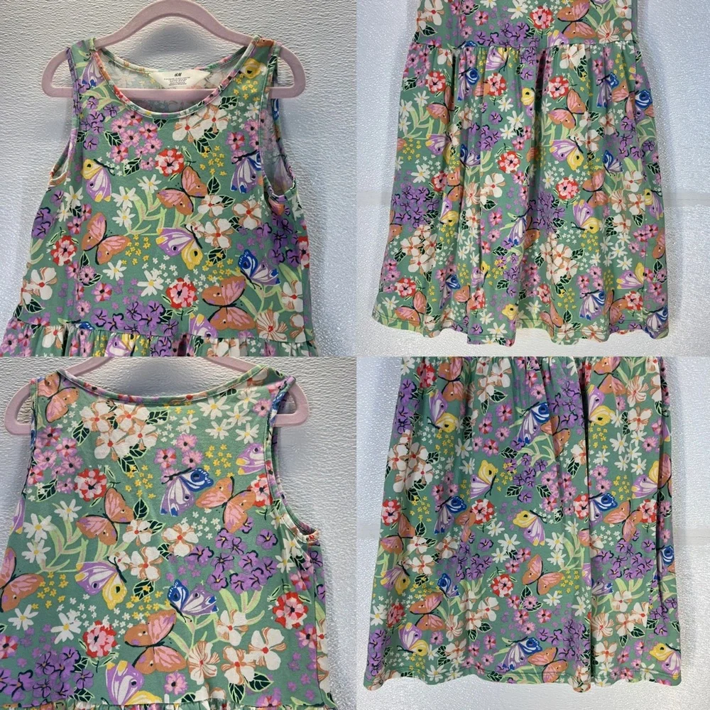 H&M Girls Floral Butterfly Print Dress Size 8-10Y Green‎ Spring Summer Cotton
